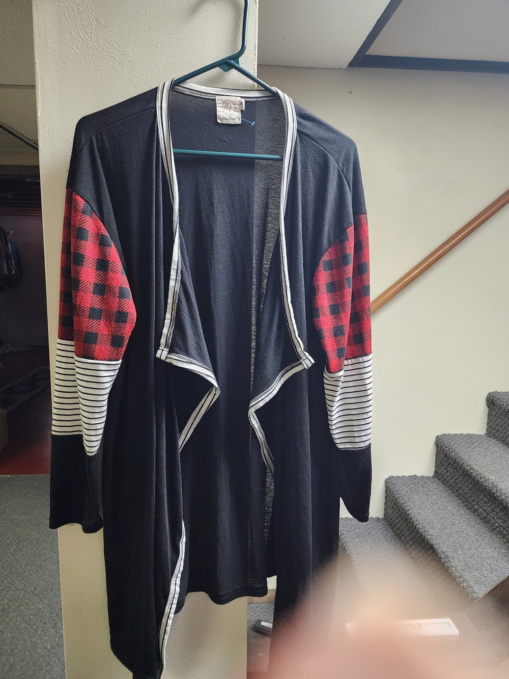 Black Open-Front Women's Cardigan with Red Plaid and Striped Sleeve Accents